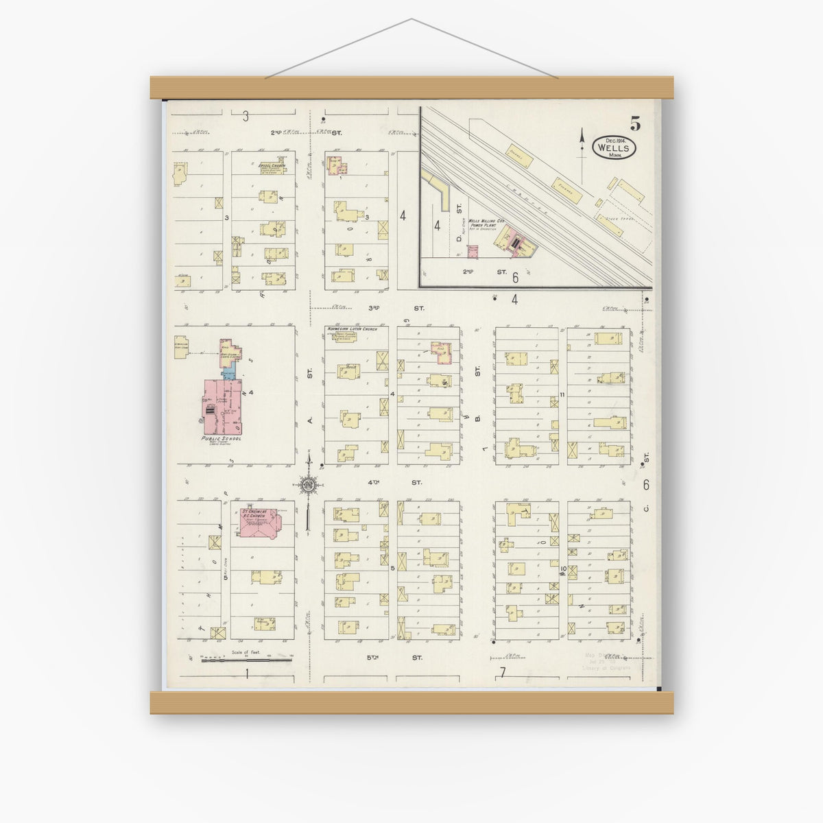 Old map wall art mockup — magnetic wood frame on white wall — Sanborn Fire Insurance Map from Wells, Faribault County, Minnesota (1914), Sheet #0005