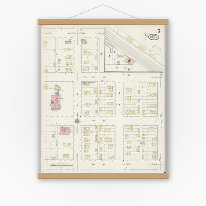 Old map wall art mockup — magnetic wood frame on white wall — Sanborn Fire Insurance Map from Wells, Faribault County, Minnesota (1914), Sheet #0005