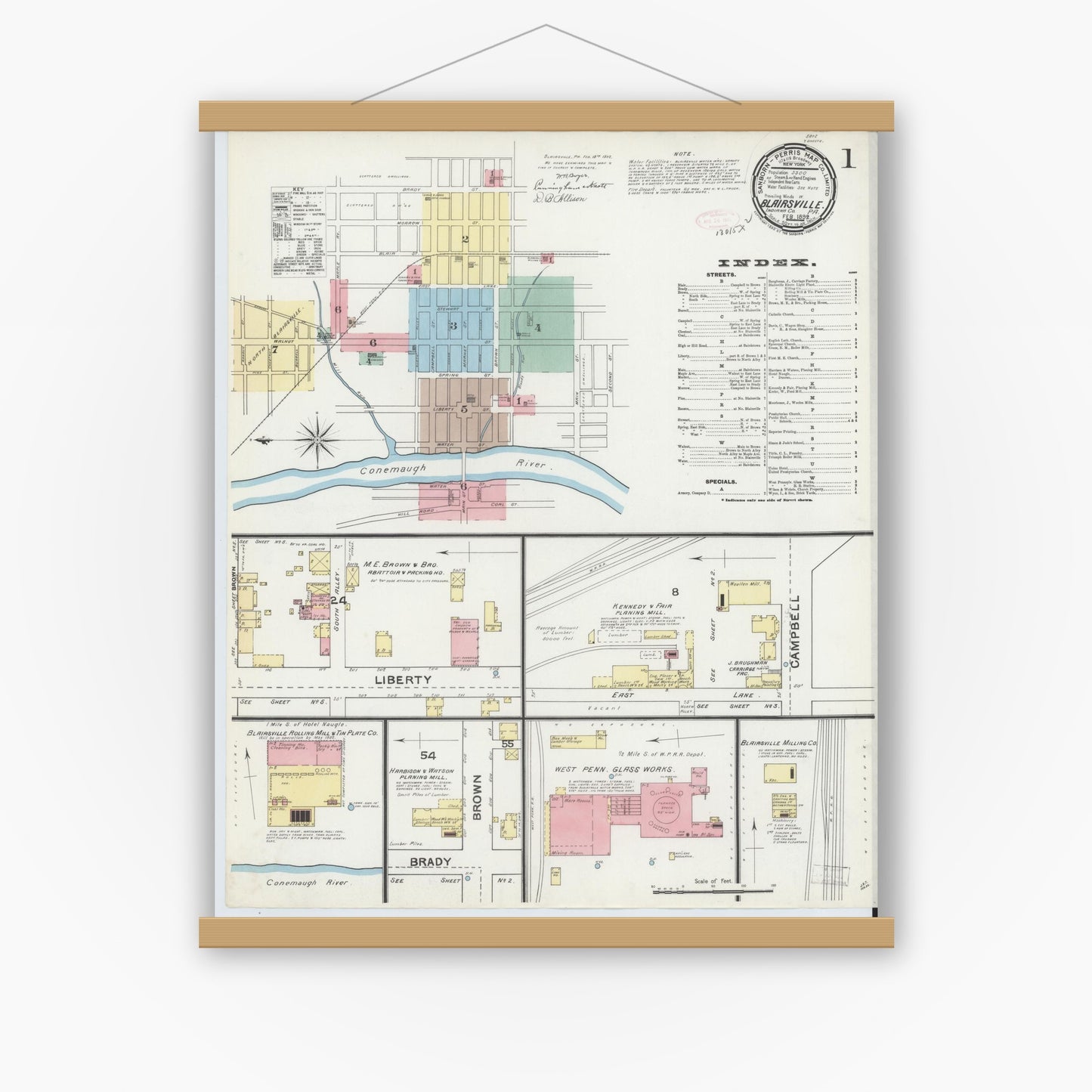 Old map wall art mockup — magnetic wood frame on white wall — Sanborn Fire Insurance Map from Blairsville, Indiana County, Pennsylvania (1892), Sheet #0001