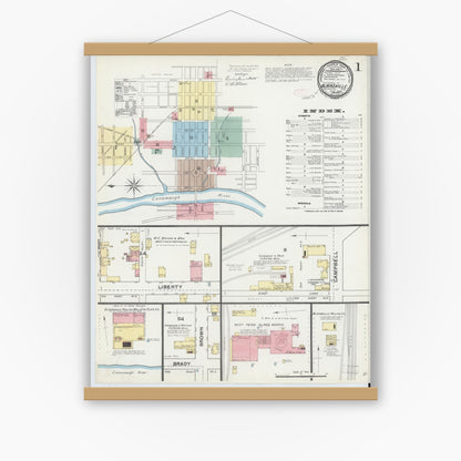 Old map wall art mockup — magnetic wood frame on white wall — Sanborn Fire Insurance Map from Blairsville, Indiana County, Pennsylvania (1892), Sheet #0001