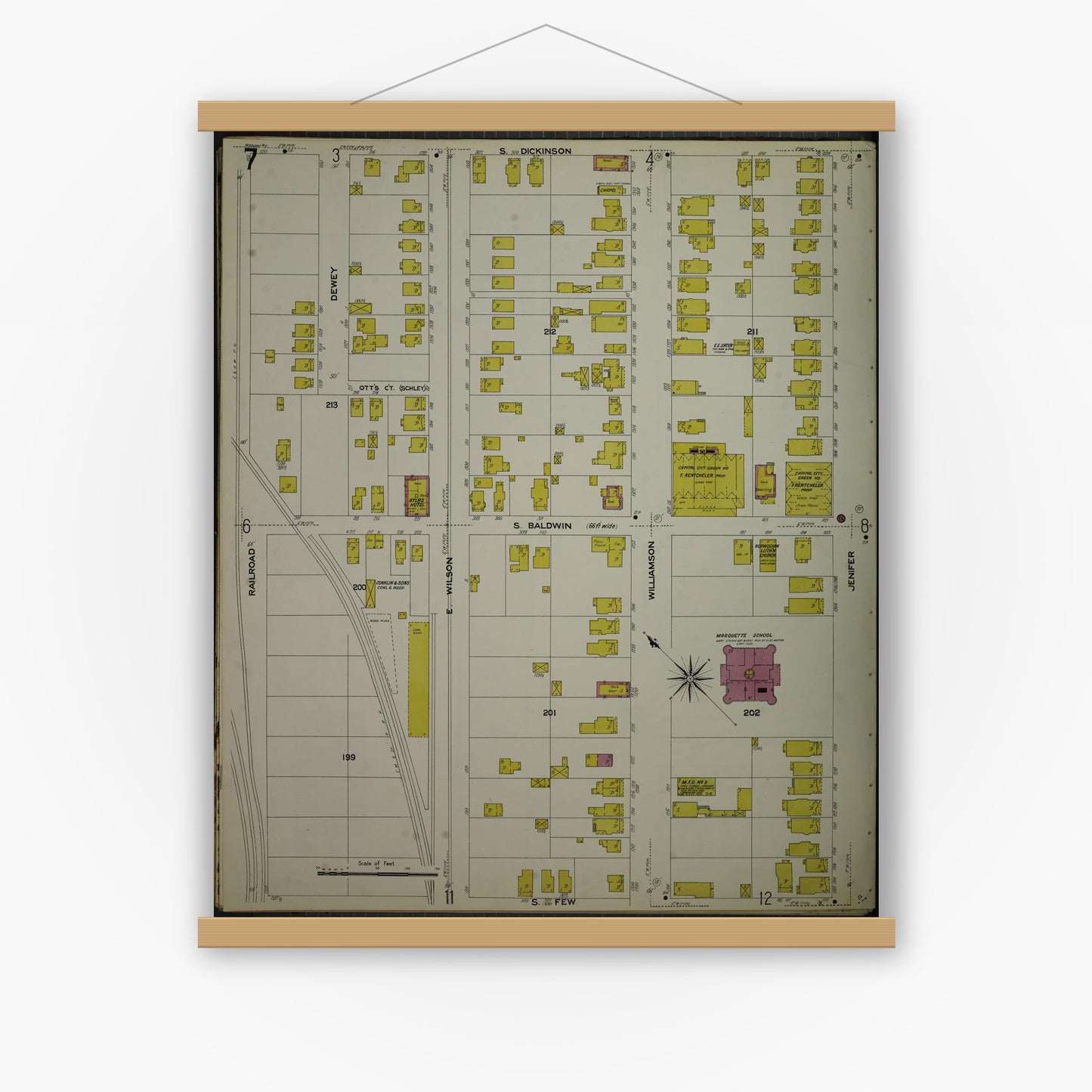 Old map wall art mockup — magnetic wood frame on white wall — Sanborn Fire Insurance Map from Madison, Dane County, Wisconsin (1908), Sheet #0007