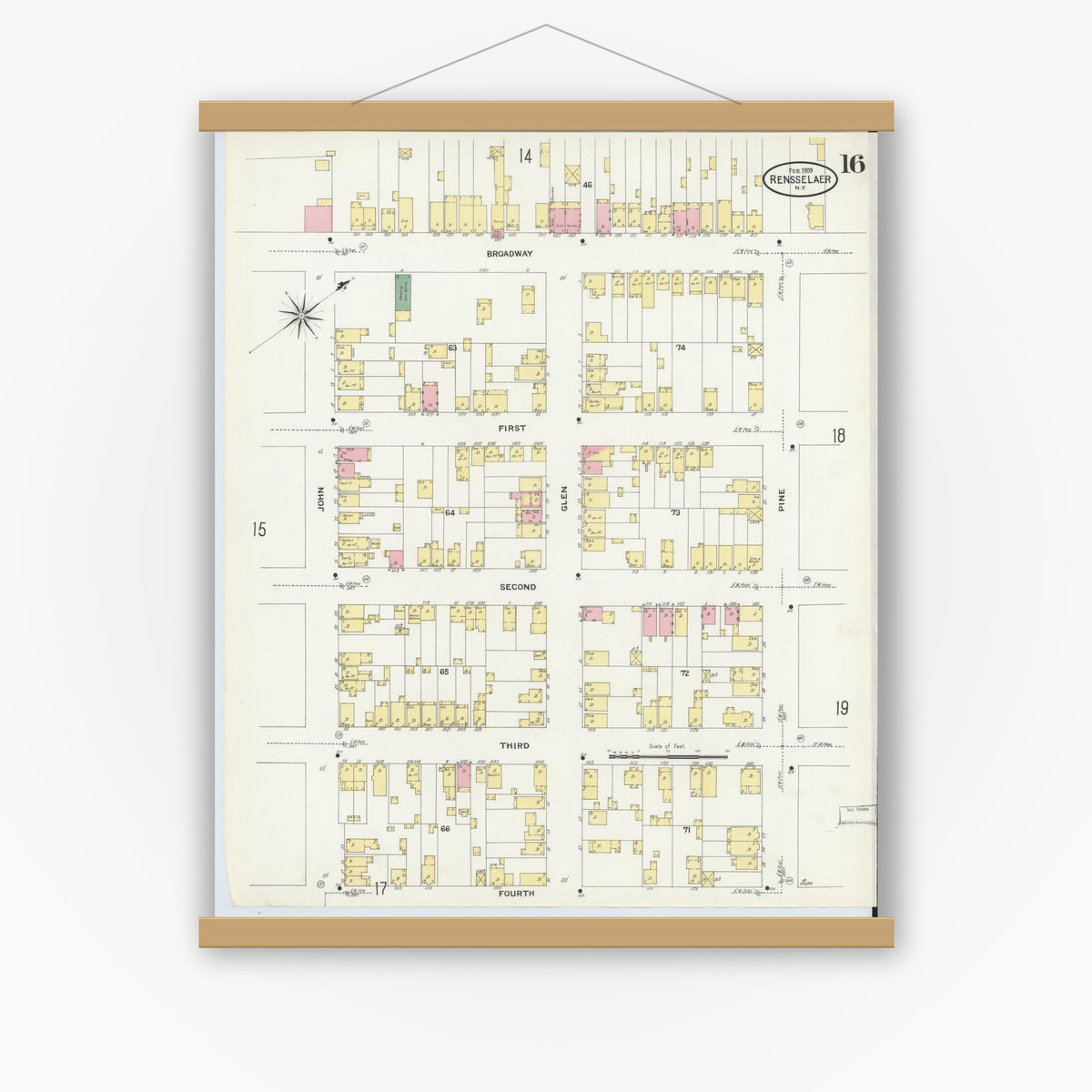 Old map wall art mockup — magnetic wood frame on white wall — Sanborn Fire Insurance Map from Rensselaer, Rensselaer County, New York (1909), Sheet #0016