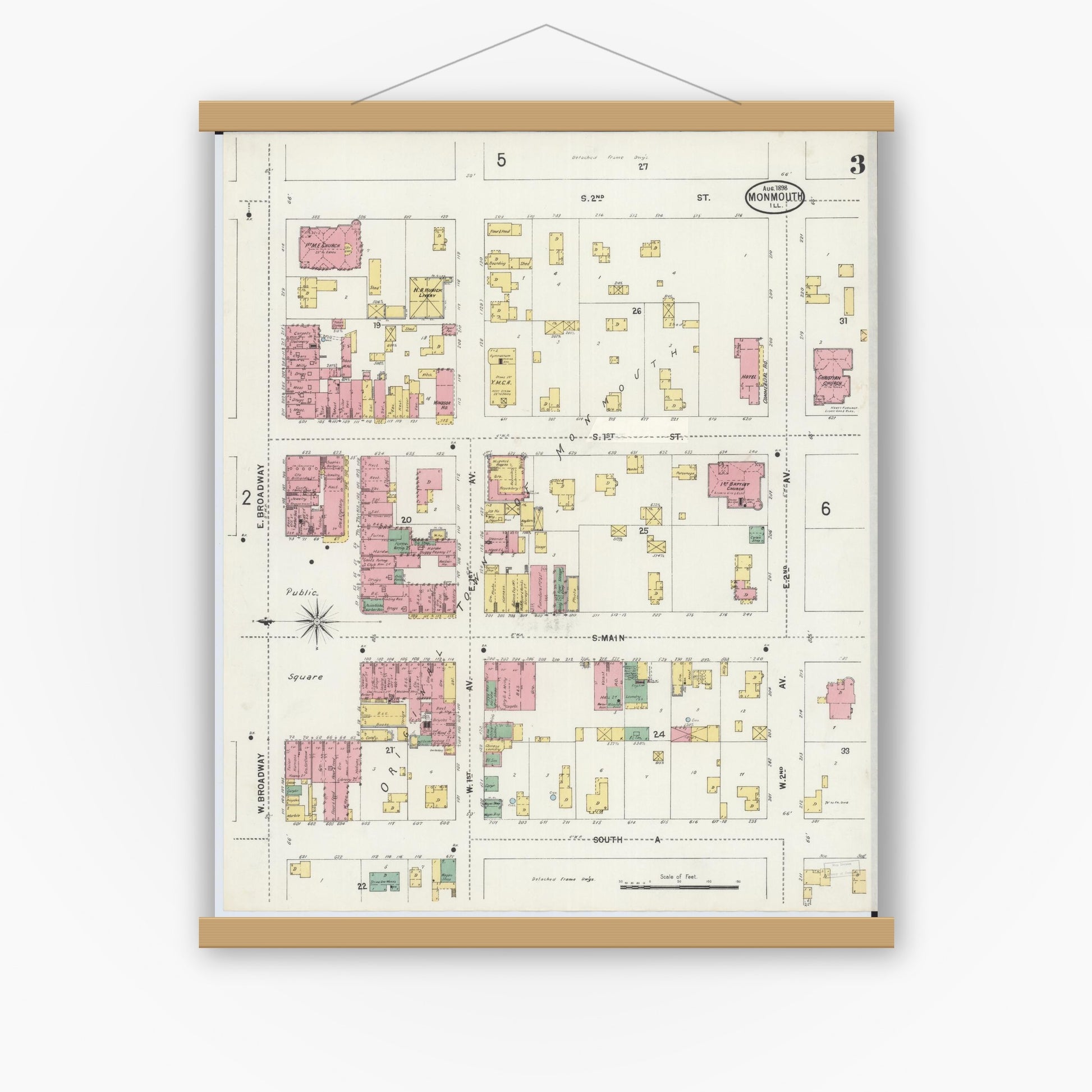 Old map wall art mockup — magnetic wood frame on white wall — Sanborn Fire Insurance Map from Monmouth, Warren County, Illinois (1898), Sheet #0003