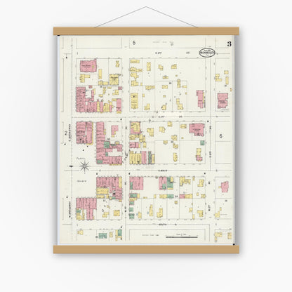 Old map wall art mockup — magnetic wood frame on white wall — Sanborn Fire Insurance Map from Monmouth, Warren County, Illinois (1898), Sheet #0003
