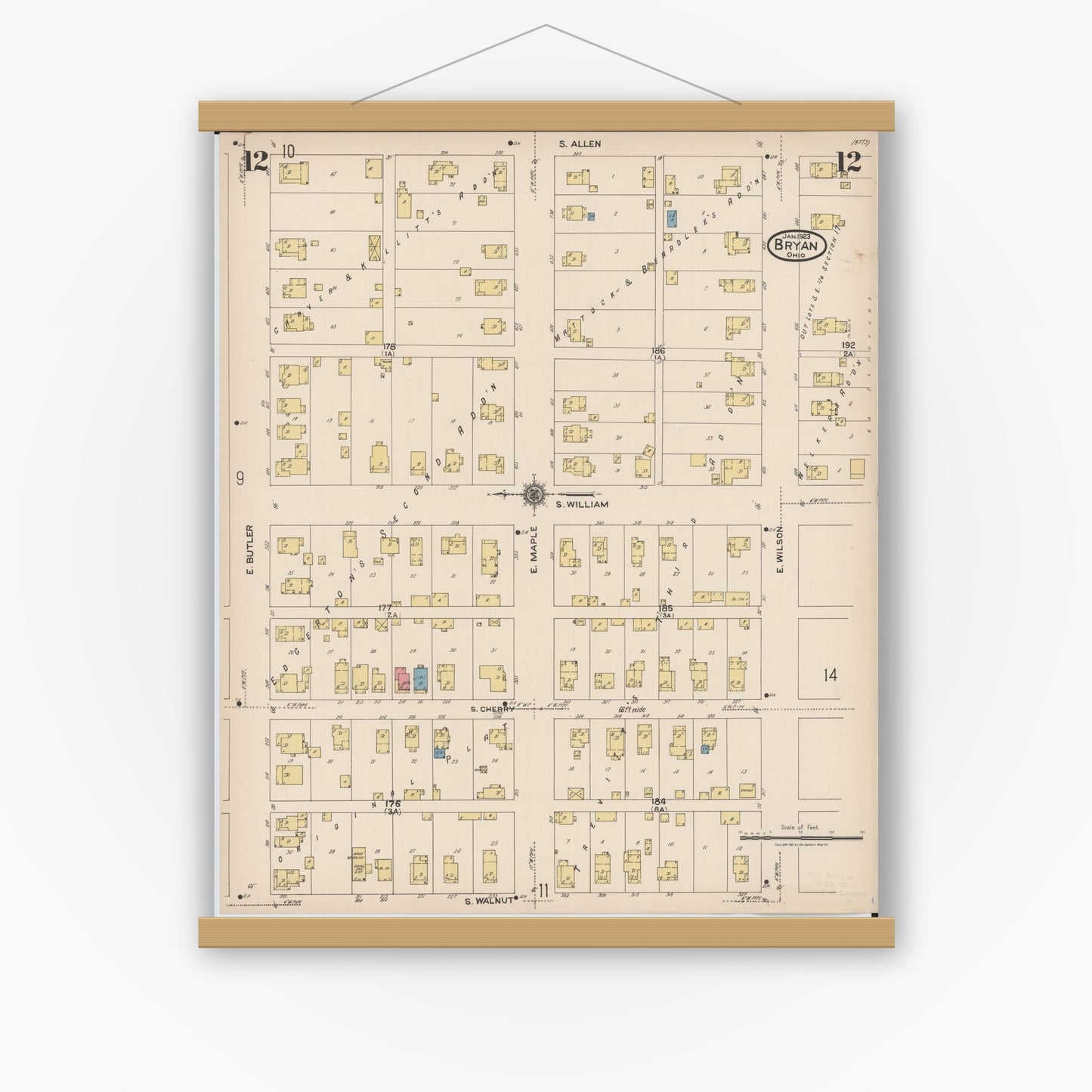 Old map wall art mockup — magnetic wood frame on white wall — Sanborn Fire Insurance Map from Bryan, Williams County, Ohio (1923), Sheet #0012