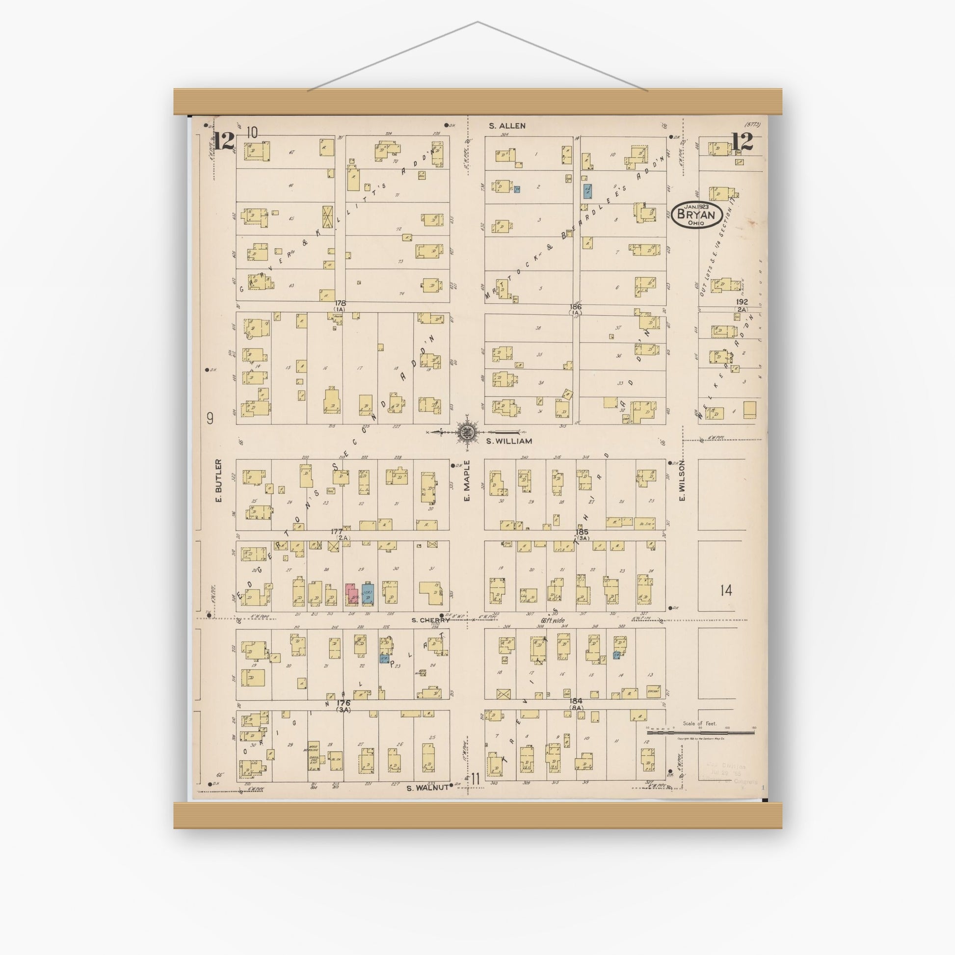 Old map wall art mockup — magnetic wood frame on white wall — Sanborn Fire Insurance Map from Bryan, Williams County, Ohio (1923), Sheet #0012