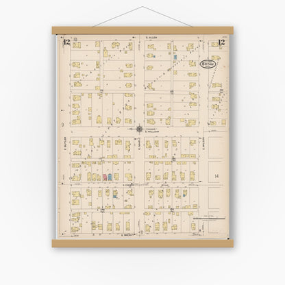 Old map wall art mockup — magnetic wood frame on white wall — Sanborn Fire Insurance Map from Bryan, Williams County, Ohio (1923), Sheet #0012
