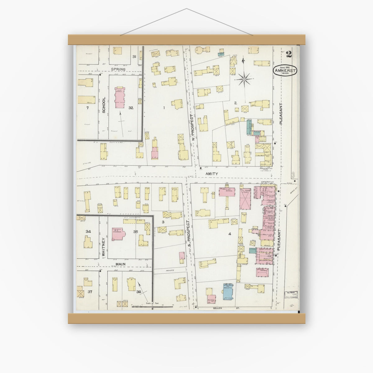 Old map wall art mockup — magnetic wood frame on white wall — Sanborn Fire Insurance Map from Amherst, Hampshire County, Massachusetts (1892), Sheet #0002