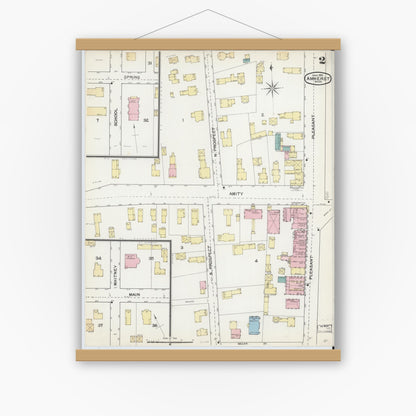 Old map wall art mockup — magnetic wood frame on white wall — Sanborn Fire Insurance Map from Amherst, Hampshire County, Massachusetts (1892), Sheet #0002