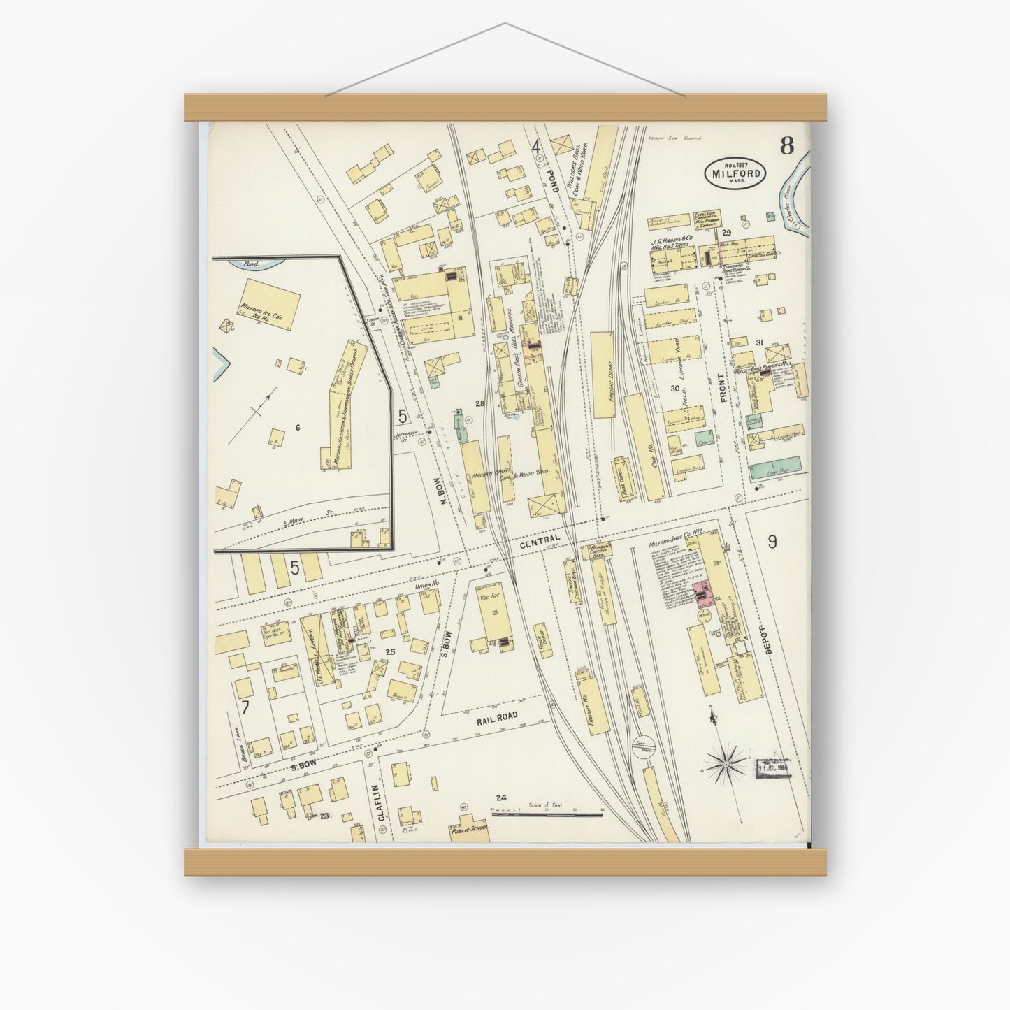 Old map wall art mockup — magnetic wood frame on white wall — Sanborn Fire Insurance Map from Milford, Worcester County, Massachusetts (1897), Sheet #0008