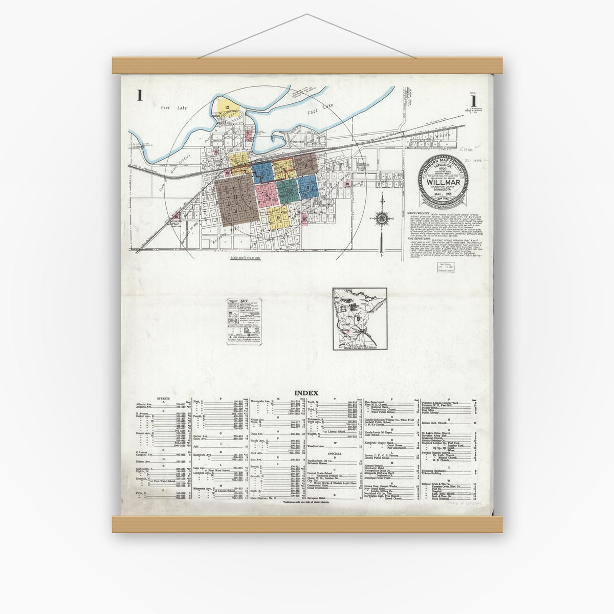 Old map wall art mockup — magnetic wood frame on white wall — Sanborn Fire Insurance Map from Willmar, Kandiyohi County, Minnesota (1925), Sheet #0001