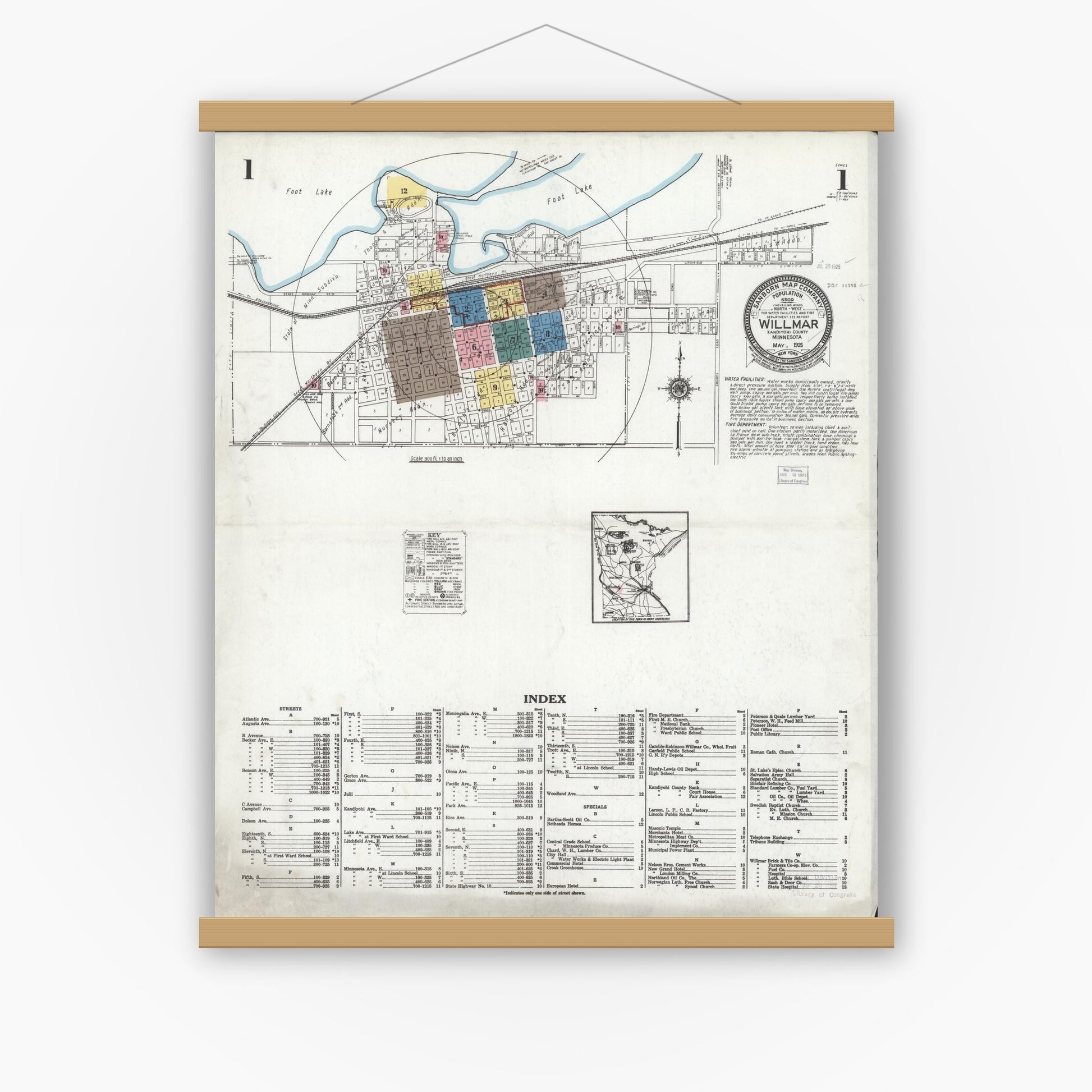 Old map wall art mockup — magnetic wood frame on white wall — Sanborn Fire Insurance Map from Willmar, Kandiyohi County, Minnesota (1925), Sheet #0001