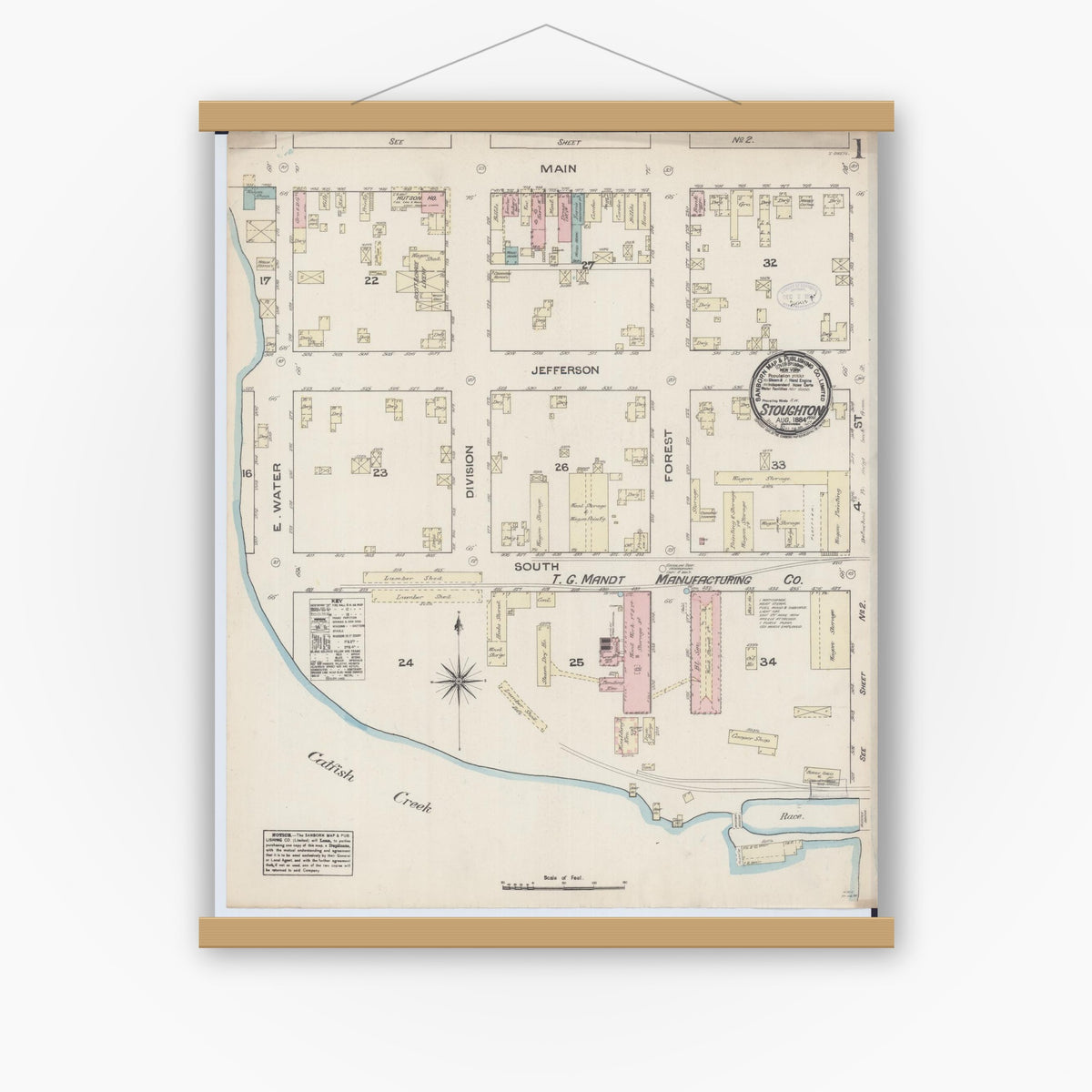 Old map wall art mockup — magnetic wood frame on white wall — Sanborn Fire Insurance Map from Stoughton, Dane County, Wisconsin (1884) - Complete Map Set