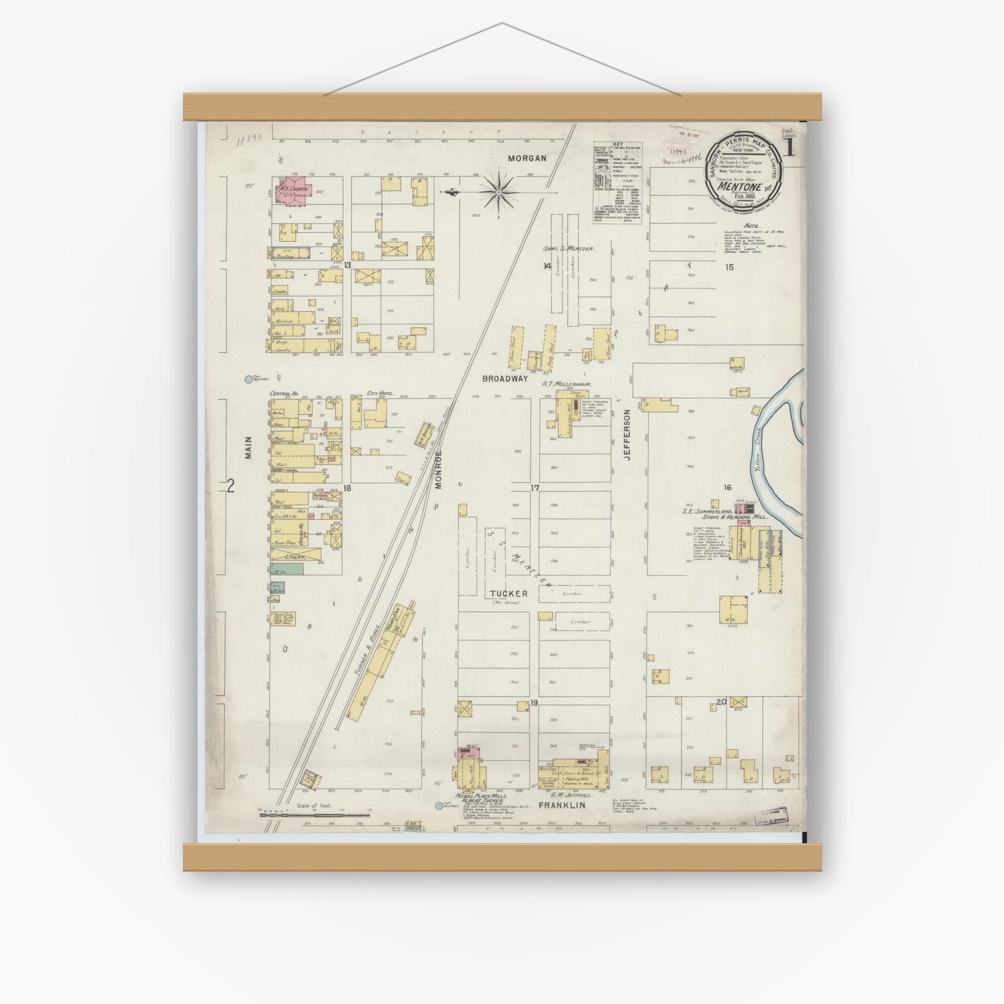 Old map wall art mockup — magnetic wood frame on white wall — Sanborn Fire Insurance Map from Mentone, Kosciusko County, Indiana (1896) - Complete Map Set