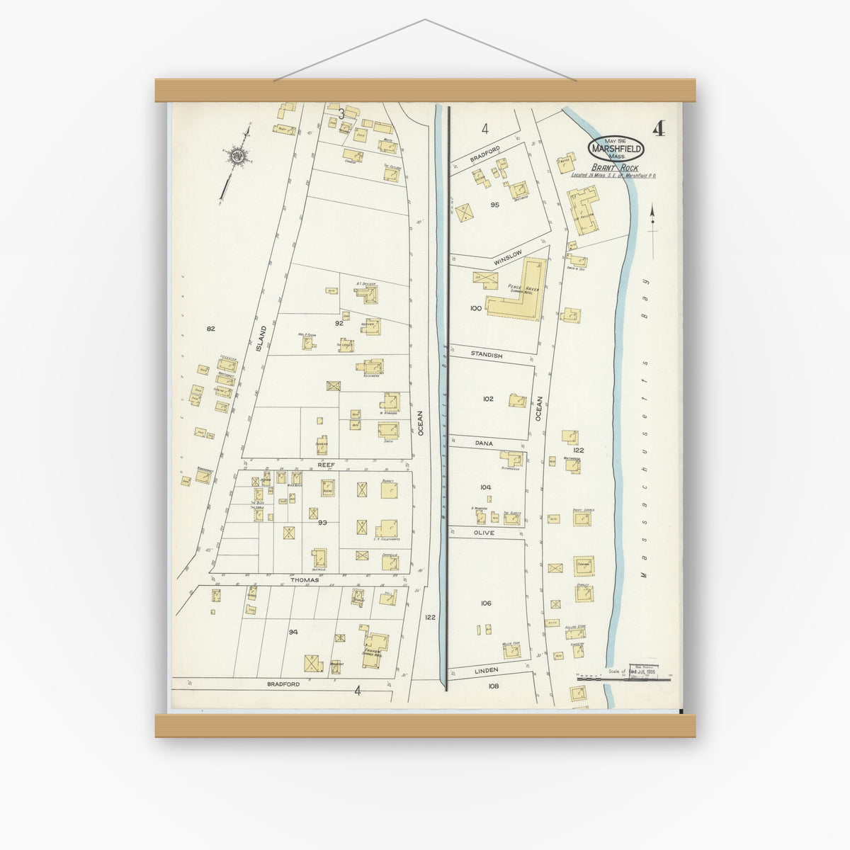 Old map wall art mockup — magnetic wood frame on white wall — Sanborn Fire Insurance Map from Marshfield, Plymouth County, Massachusetts (1916), Sheet #0004