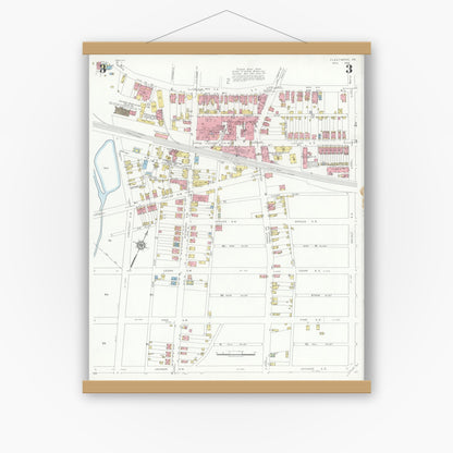 Old map wall art mockup — magnetic wood frame on white wall — Sanborn Fire Insurance Map from Fleetwood, Berks County, Pennsylvania (1933), Sheet #0003
