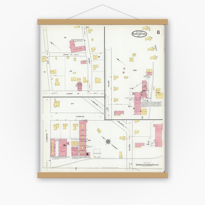 Old map wall art mockup — magnetic wood frame on white wall — Sanborn Fire Insurance Map from Burlington, Alamance County, North Carolina (1918), Sheet #0008