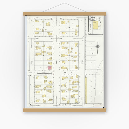 Old map wall art mockup — magnetic wood frame on white wall — Sanborn Fire Insurance Map from Evart, Osceola County, Michigan (1920), Sheet #0002