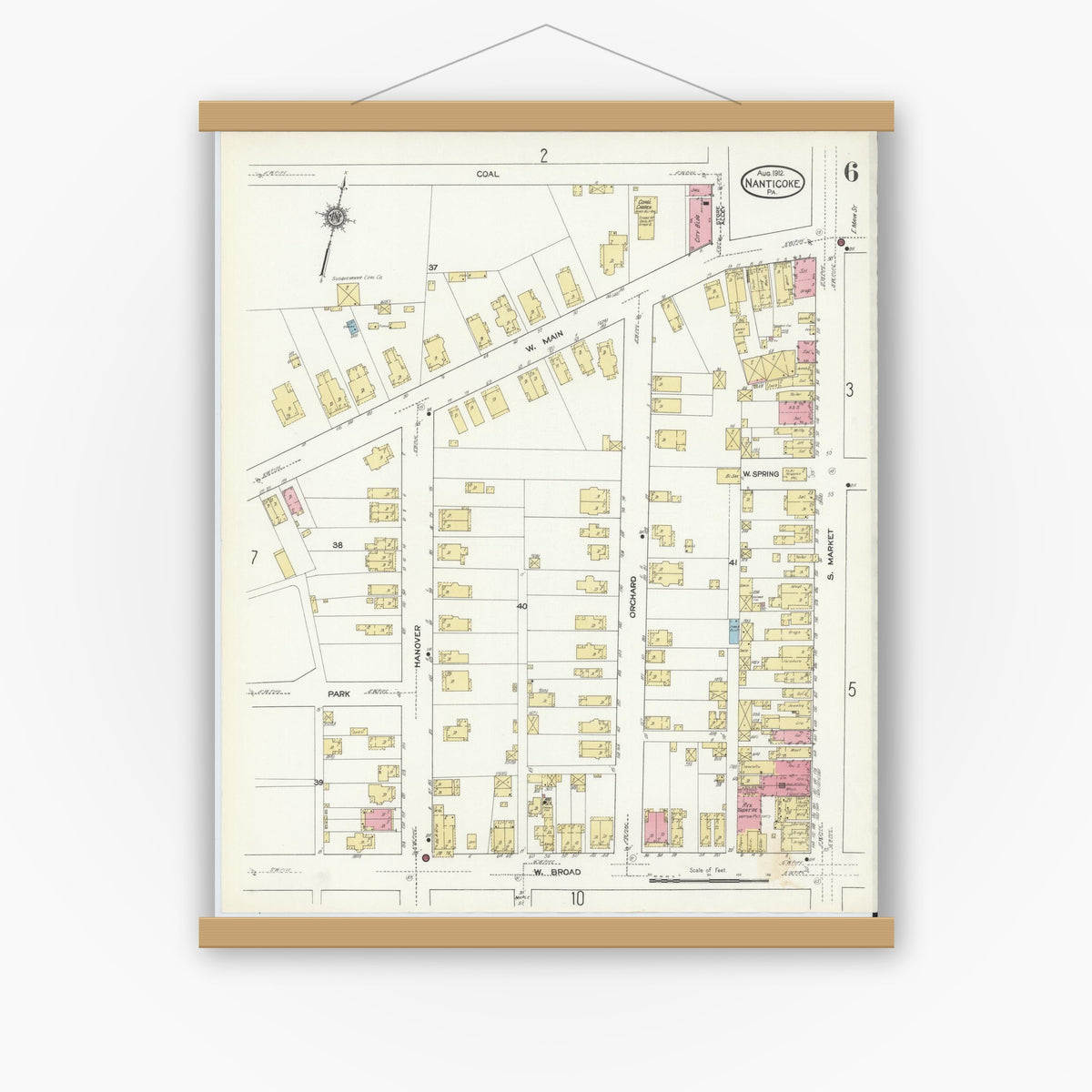 Old map wall art mockup — magnetic wood frame on white wall — Sanborn Fire Insurance Map from Nanticoke, Luzerne County, Pennsylvania (1912), Sheet #0006