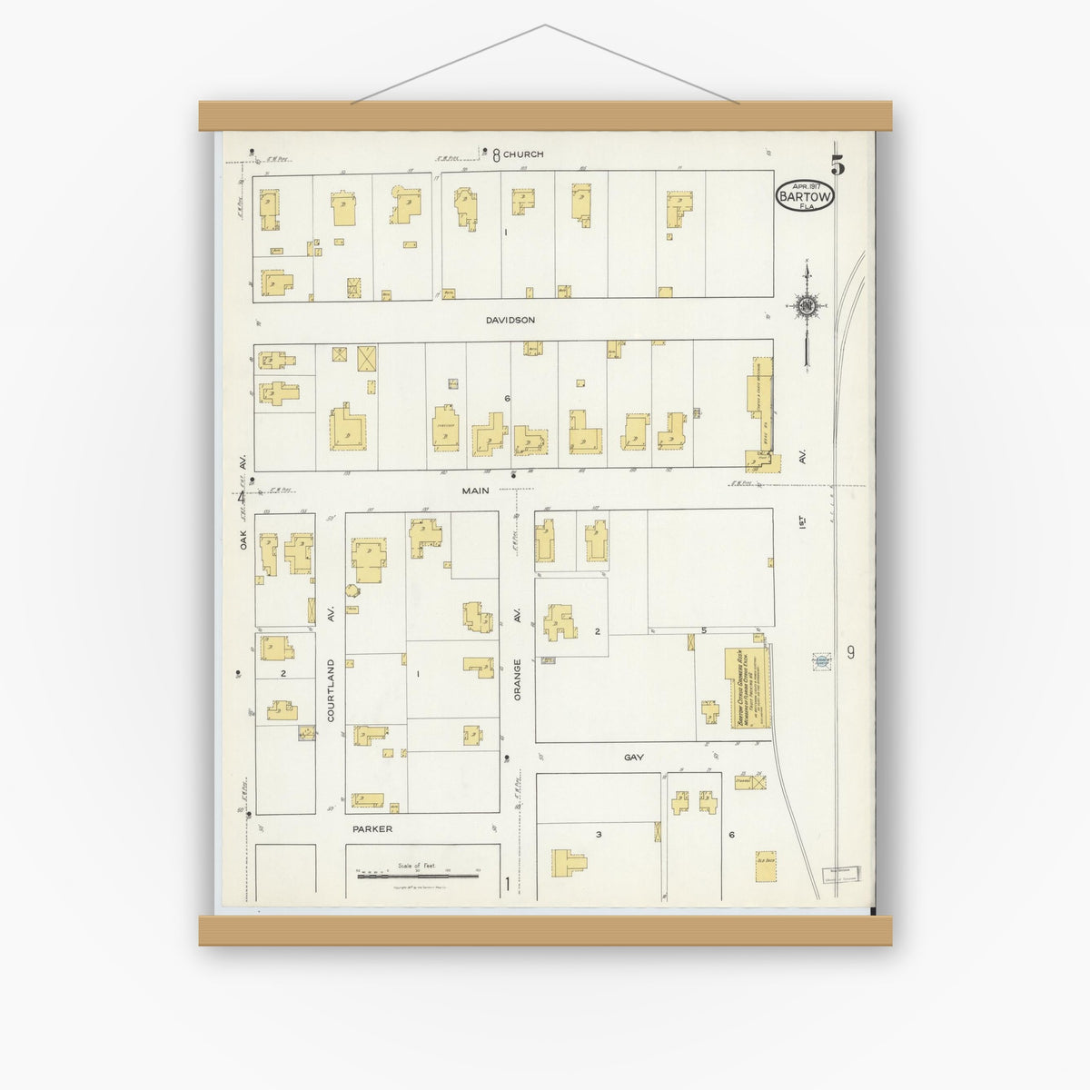 Old map wall art mockup — magnetic wood frame on white wall — Sanborn Fire Insurance Map from Bartow, Polk County, Florida (1917), Sheet #0005