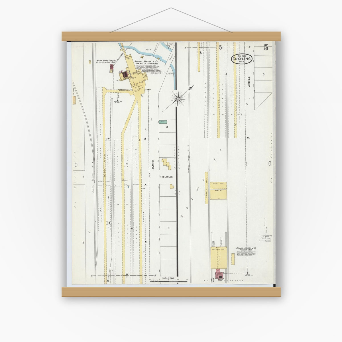 Old map wall art mockup — magnetic wood frame on white wall — Sanborn Fire Insurance Map from Grayling, Crawford County, Michigan (1900), Sheet #0005