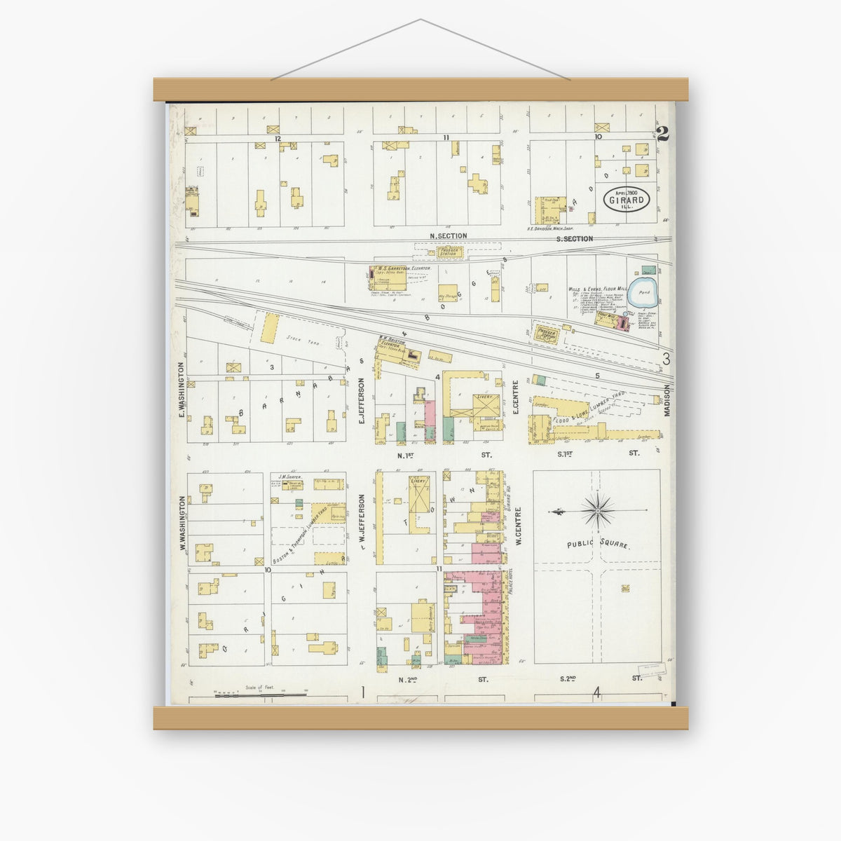 Old map wall art mockup — magnetic wood frame on white wall — Sanborn Fire Insurance Map from Girard, Macoupin County, Illinois (1900), Sheet #0002