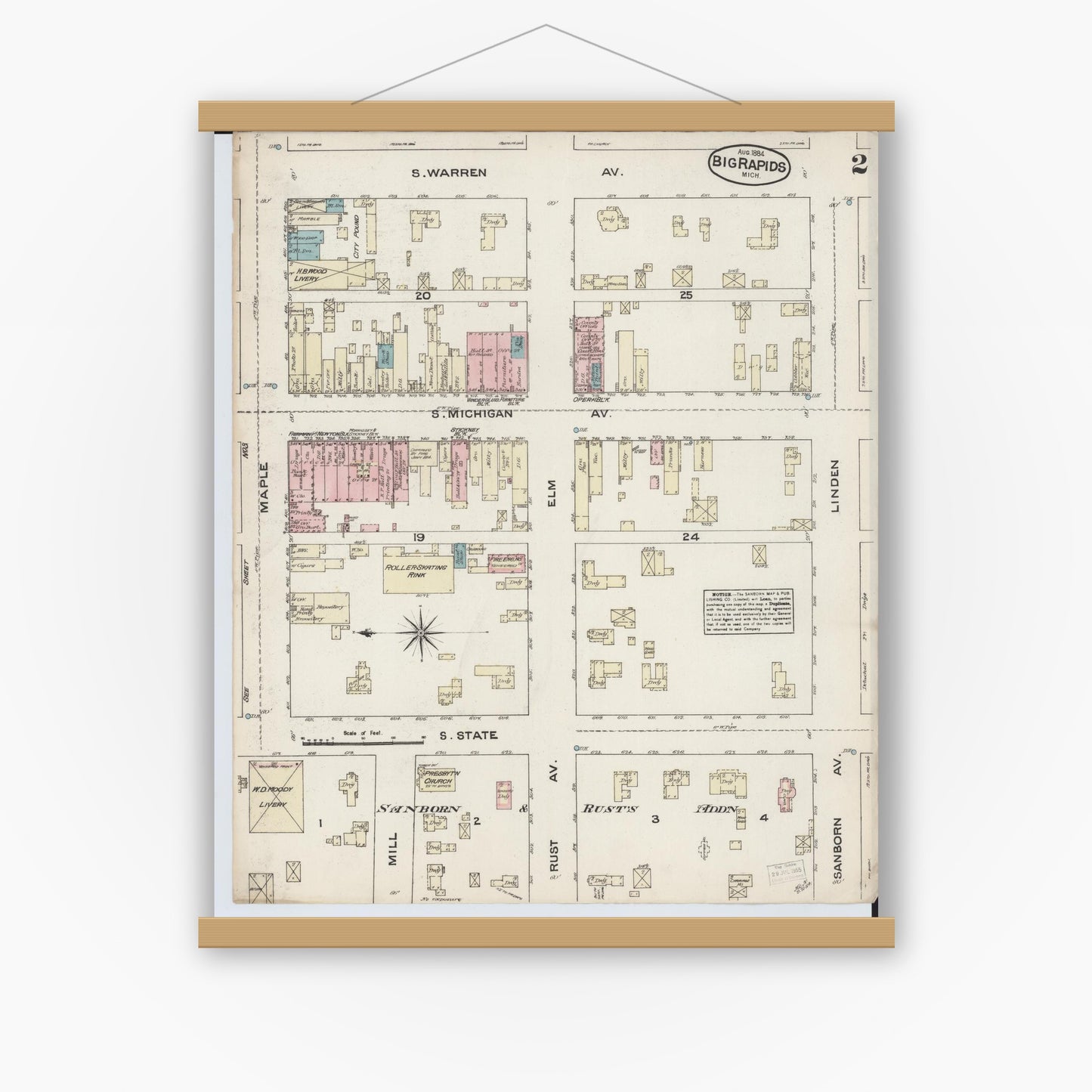 Old map wall art mockup — magnetic wood frame on white wall — Sanborn Fire Insurance Map from Big Rapids, Mecosta County, Michigan (1884), Sheet #0002