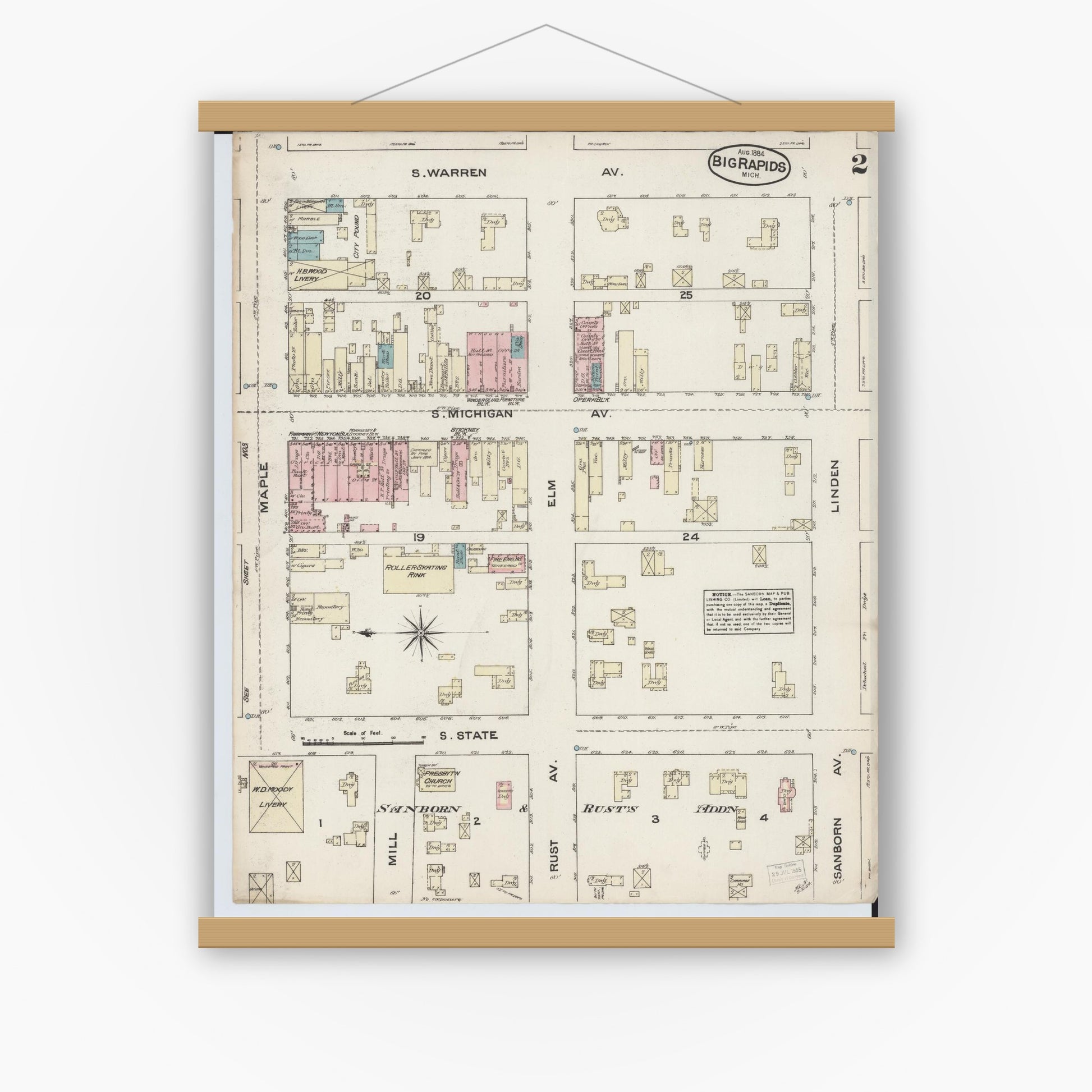 Old map wall art mockup — magnetic wood frame on white wall — Sanborn Fire Insurance Map from Big Rapids, Mecosta County, Michigan (1884), Sheet #0002