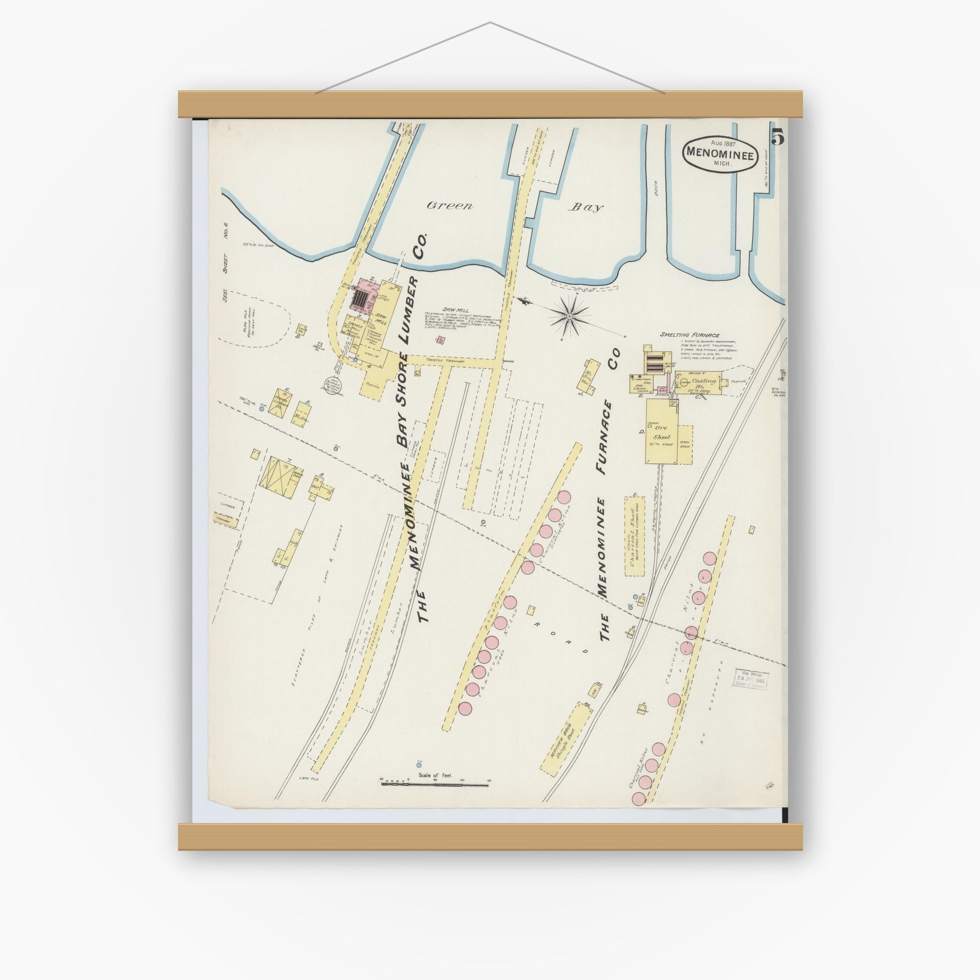 Old map wall art mockup — magnetic wood frame on white wall — Sanborn Fire Insurance Map from Menominee, Menominee County, Michigan (1887), Sheet #0005