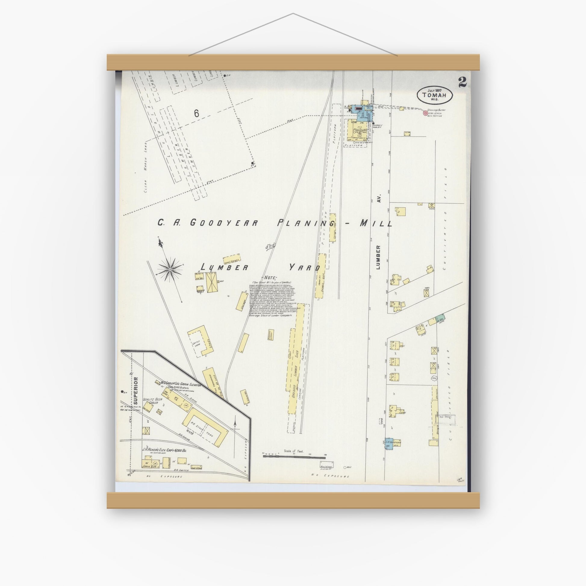 Old map wall art mockup — magnetic wood frame on white wall — Sanborn Fire Insurance Map from Tomah, Monroe County, Wisconsin (1897), Sheet #0002