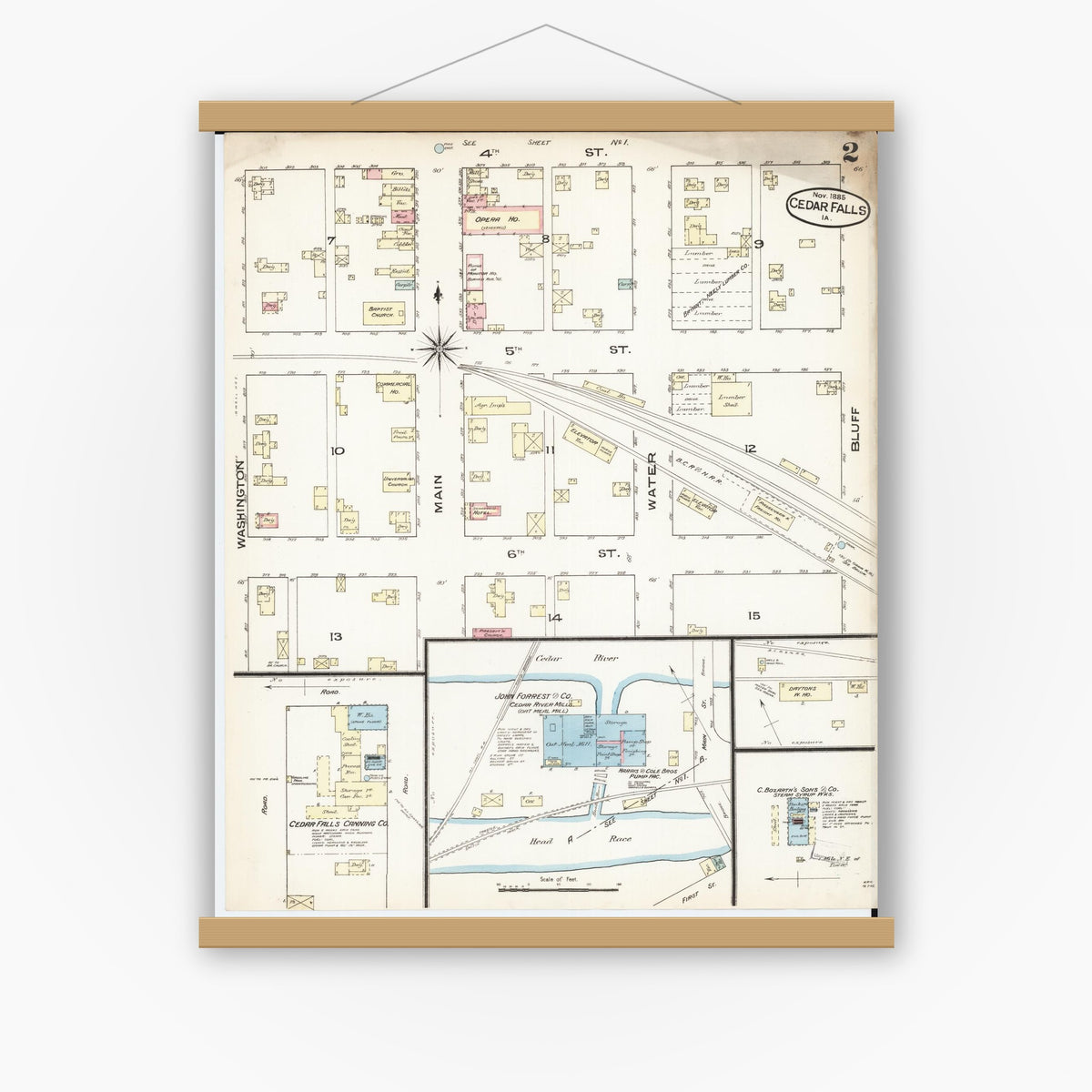 Old map wall art mockup — magnetic wood frame on white wall — Sanborn Fire Insurance Map from Cedar Falls, Black Hawk County, Iowa (1885), Sheet #0002