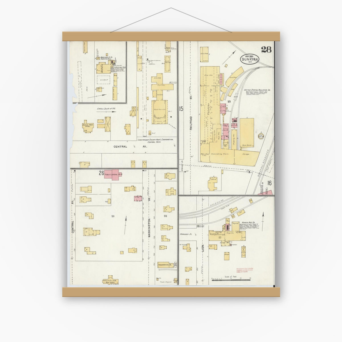 Old map wall art mockup — magnetic wood frame on white wall — Sanborn Fire Insurance Map from Dunkirk, Chautauqua County, New York (1904), Sheet #0028