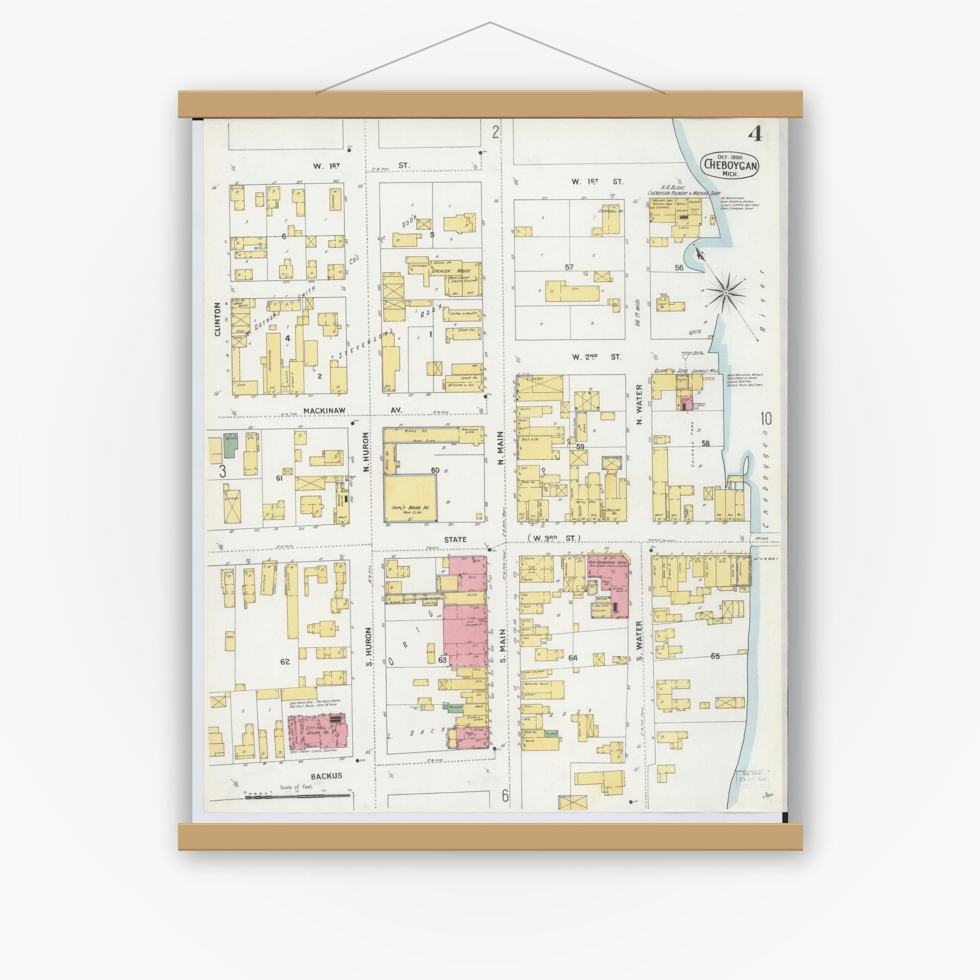 Old map wall art mockup — magnetic wood frame on white wall — Sanborn Fire Insurance Map from Cheboygan, Cheboygan County, Michigan (1900), Sheet #0004