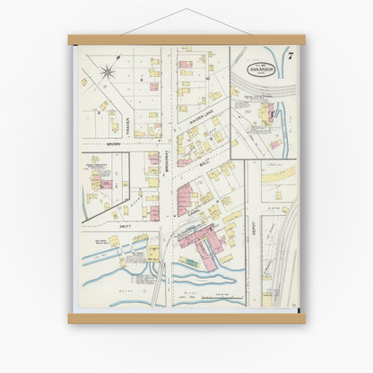 Old map wall art mockup — magnetic wood frame on white wall — Sanborn Fire Insurance Map from Ann Arbor, Washtenaw County, Michigan (1892), Sheet #0007