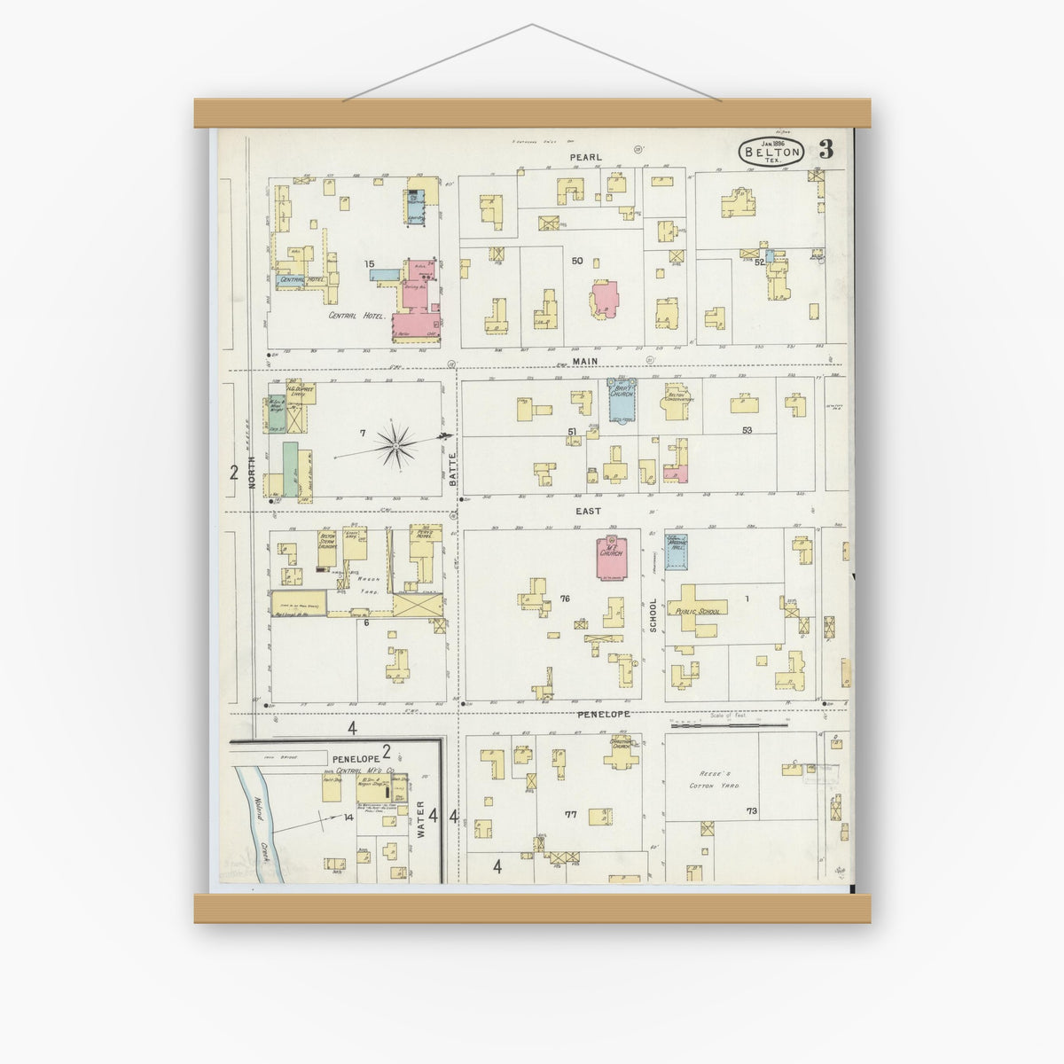 Old map wall art mockup — magnetic wood frame on white wall — Sanborn Fire Insurance Map from Belton, Bell County, Texas (1896), Sheet #0003