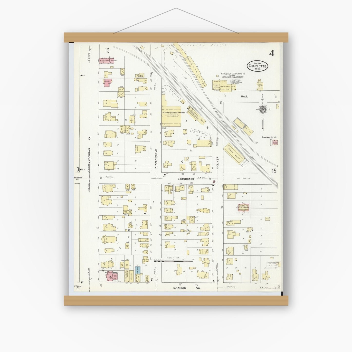 Old map wall art mockup — magnetic wood frame on white wall — Sanborn Fire Insurance Map from Charlotte, Eaton County, Michigan (1911), Sheet #0004