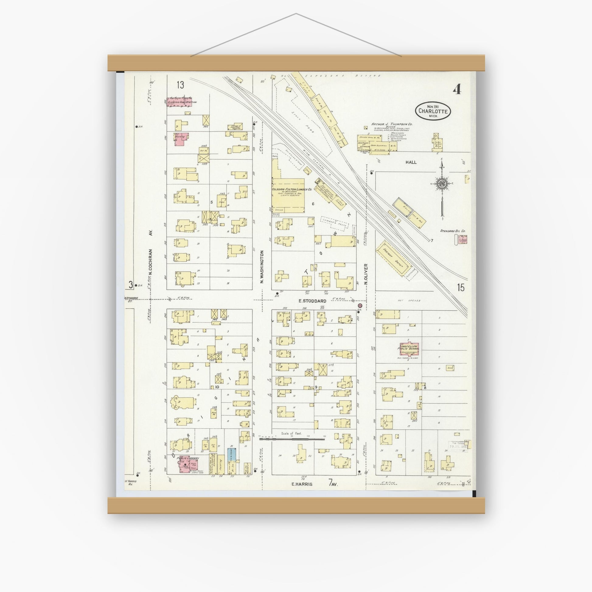 Old map wall art mockup — magnetic wood frame on white wall — Sanborn Fire Insurance Map from Charlotte, Eaton County, Michigan (1911), Sheet #0004