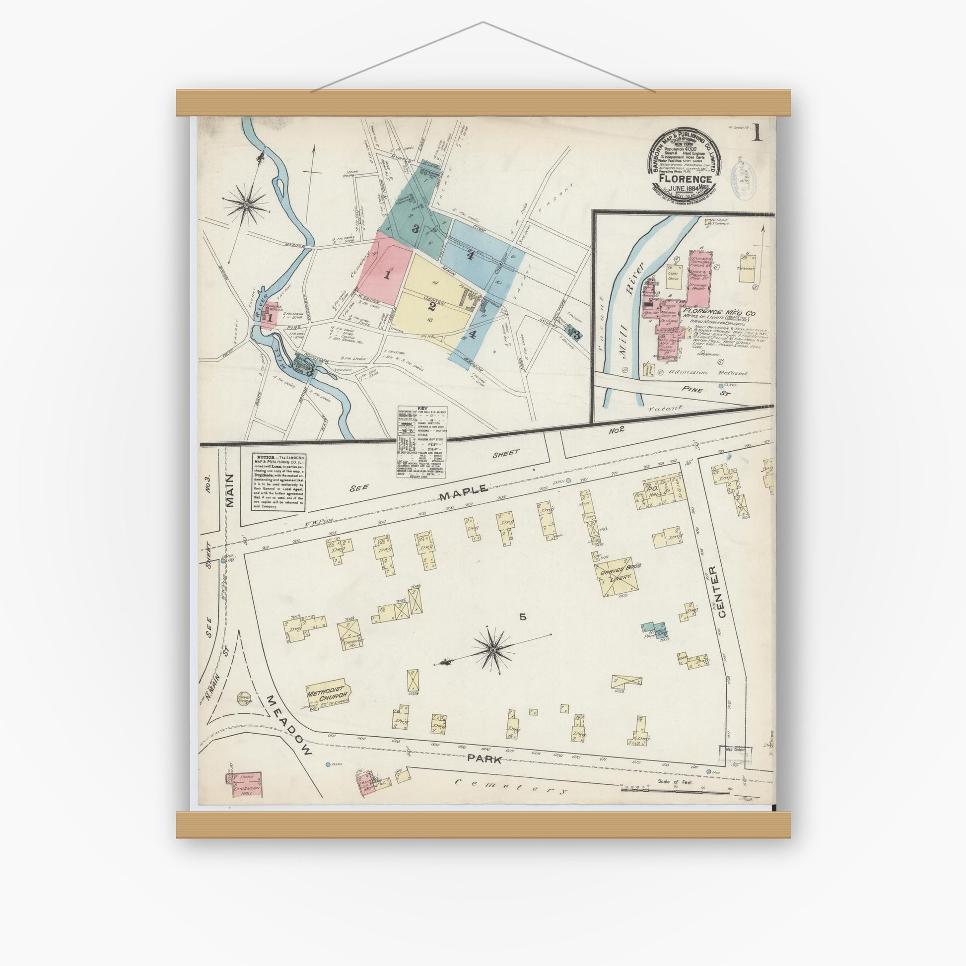 Old map wall art mockup — magnetic wood frame on white wall — Sanborn Fire Insurance Map from Florence, Hampshire County, Massachusetts (1884) - Complete Map Set