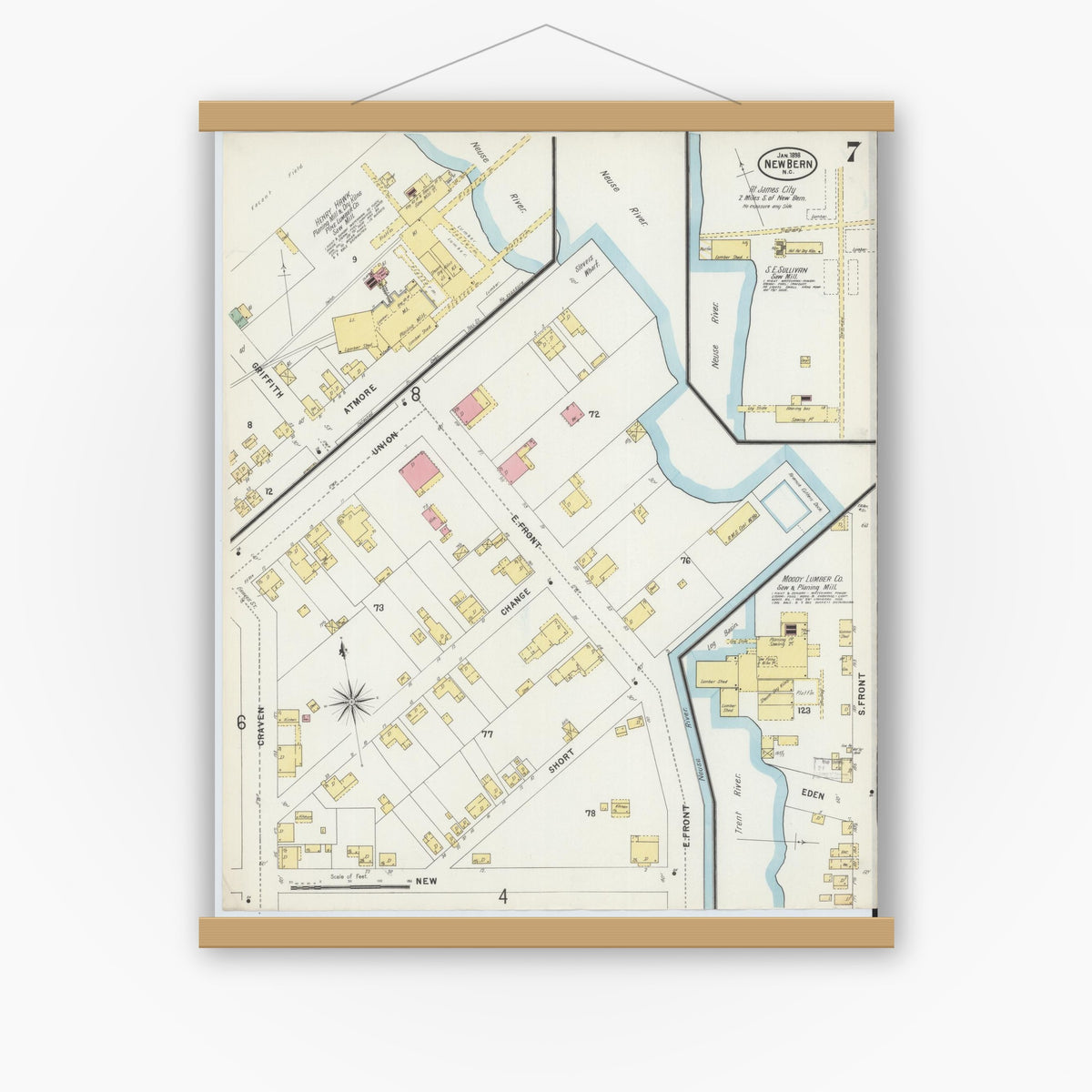 Old map wall art mockup — magnetic wood frame on white wall — Sanborn Fire Insurance Map from New Bern, Craven County, North Carolina (1898), Sheet #0007