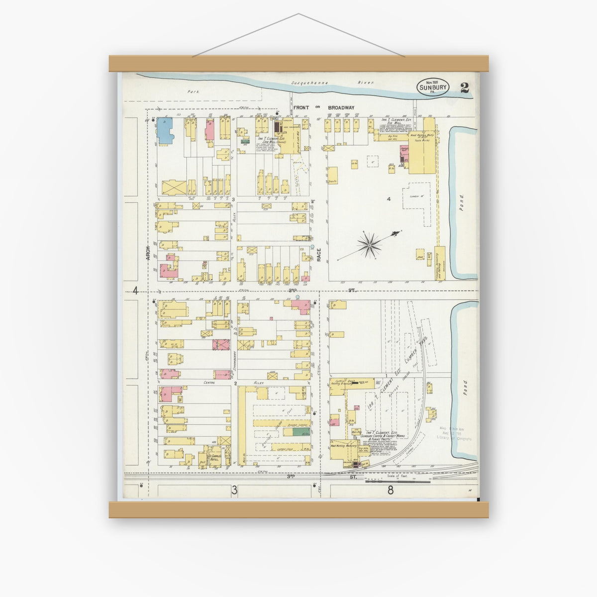 Old map wall art mockup — magnetic wood frame on white wall — Sanborn Fire Insurance Map from Sunbury, Northumberland County, Pennsylvania (1901), Sheet #0002