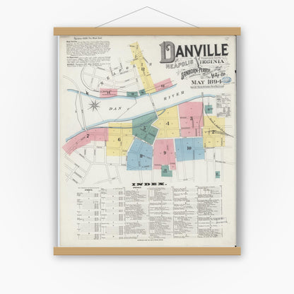 Old map wall art mockup — magnetic wood frame on white wall — Sanborn Fire Insurance Map from Danville, Independent Cities, Virginia (1894), Sheet #0001