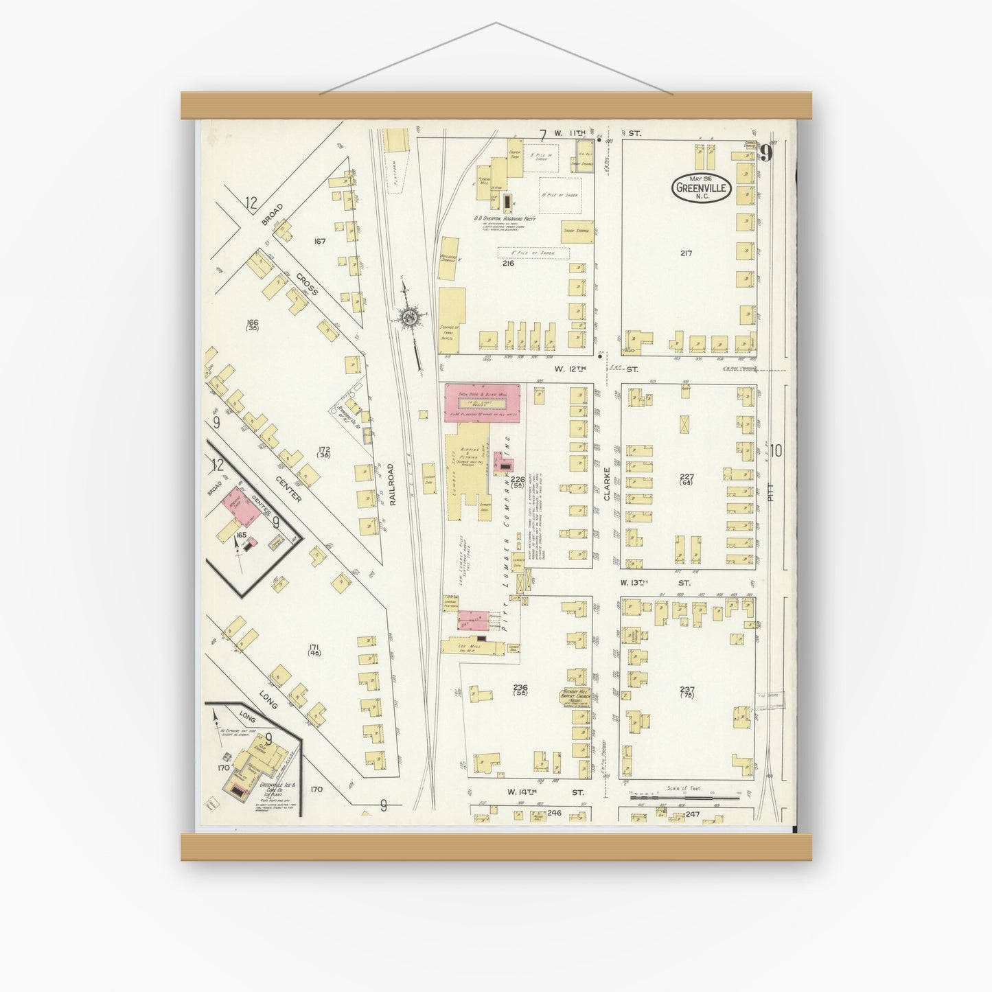Old map wall art mockup — magnetic wood frame on white wall — Sanborn Fire Insurance Map from Greenville, Pitt County, North Carolina (1916), Sheet #0009