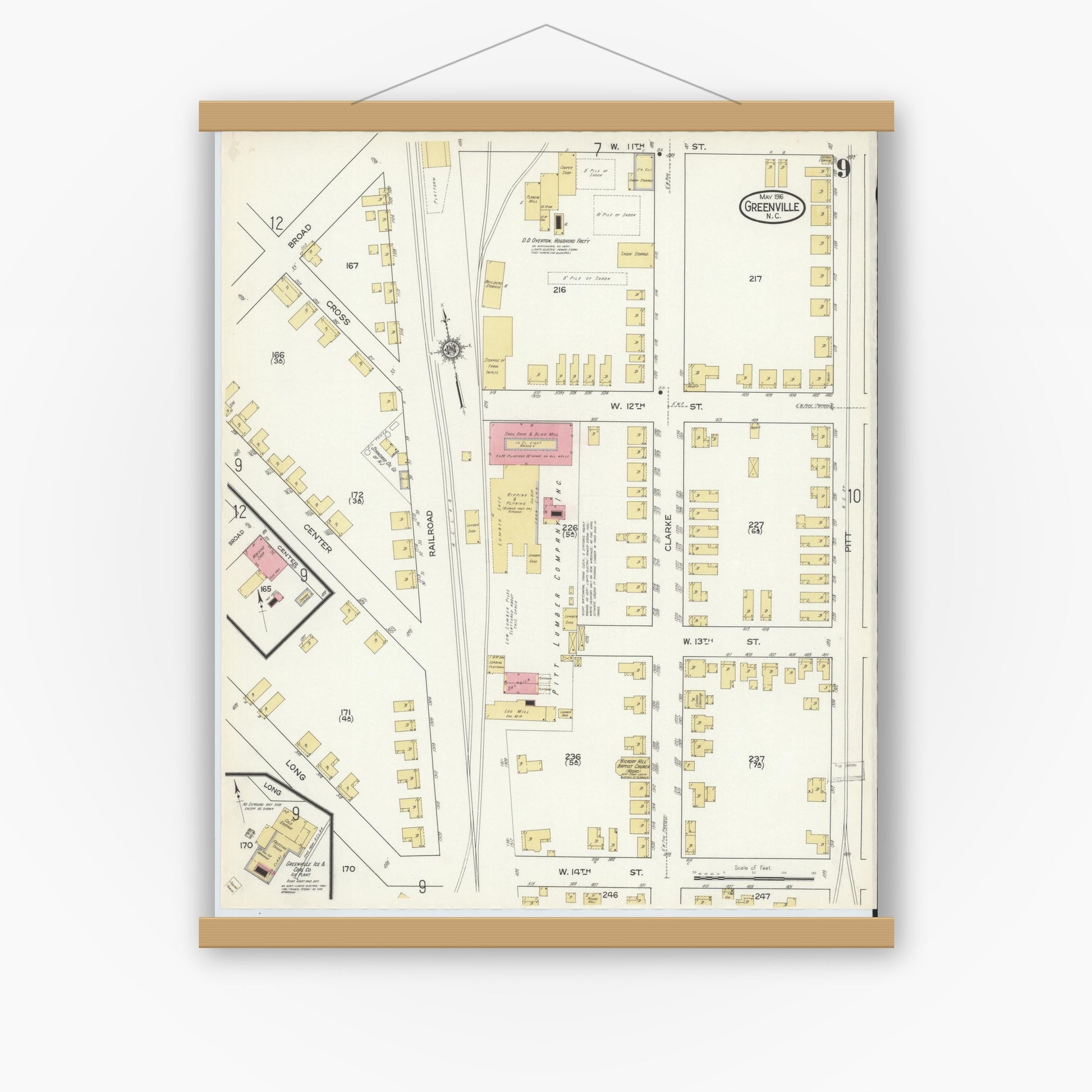 Old map wall art mockup — magnetic wood frame on white wall — Sanborn Fire Insurance Map from Greenville, Pitt County, North Carolina (1916), Sheet #0009