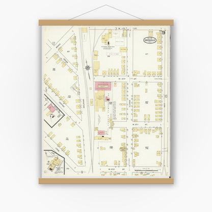 Old map wall art mockup — magnetic wood frame on white wall — Sanborn Fire Insurance Map from Greenville, Pitt County, North Carolina (1916), Sheet #0009