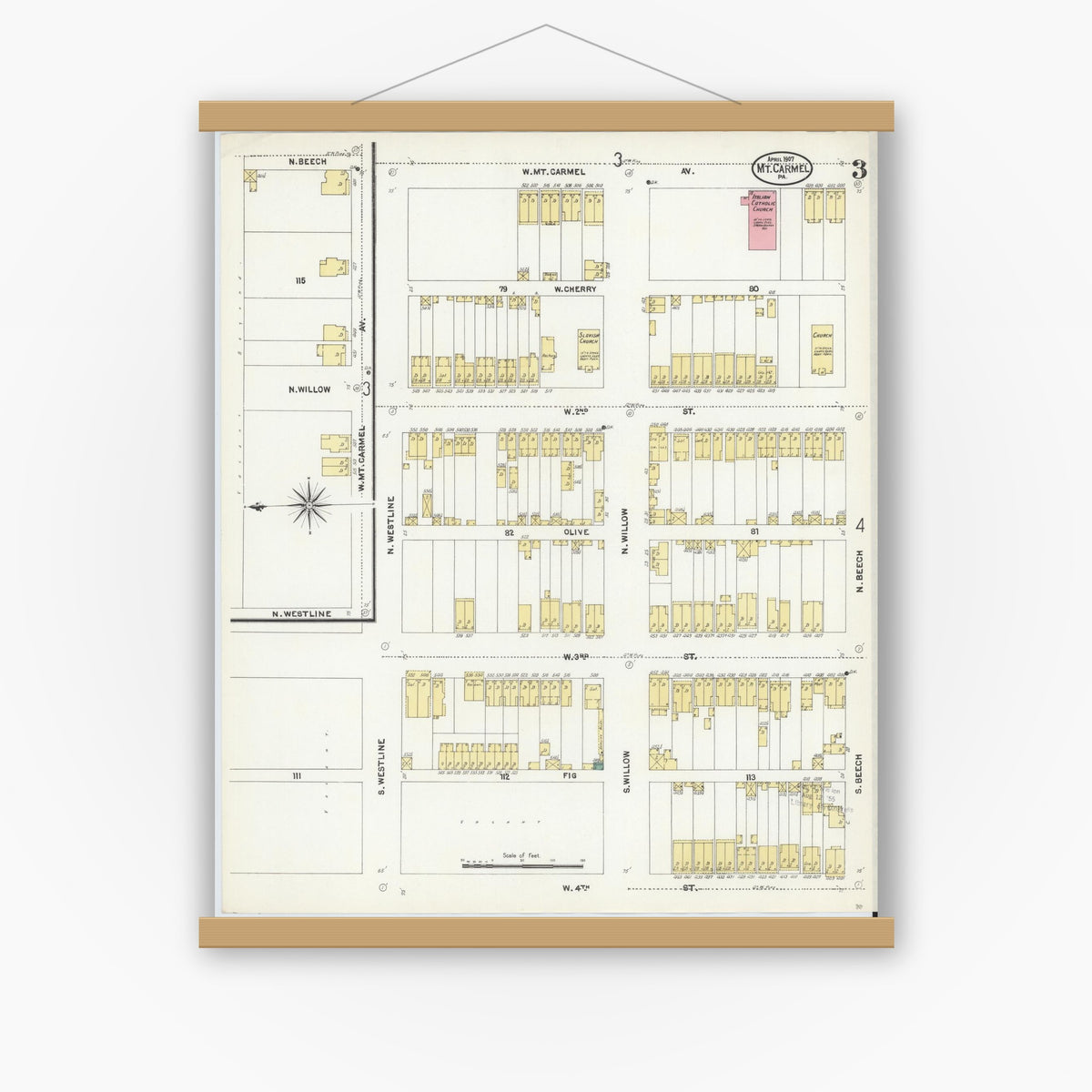 Old map wall art mockup — magnetic wood frame on white wall — Sanborn Fire Insurance Map from Mount Carmel, Northumberland County, Pennsylvania (1907), Sheet #0003