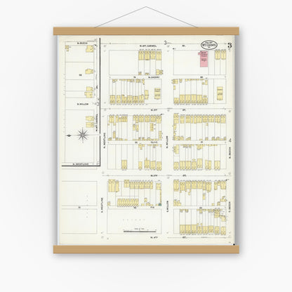 Old map wall art mockup — magnetic wood frame on white wall — Sanborn Fire Insurance Map from Mount Carmel, Northumberland County, Pennsylvania (1907), Sheet #0003