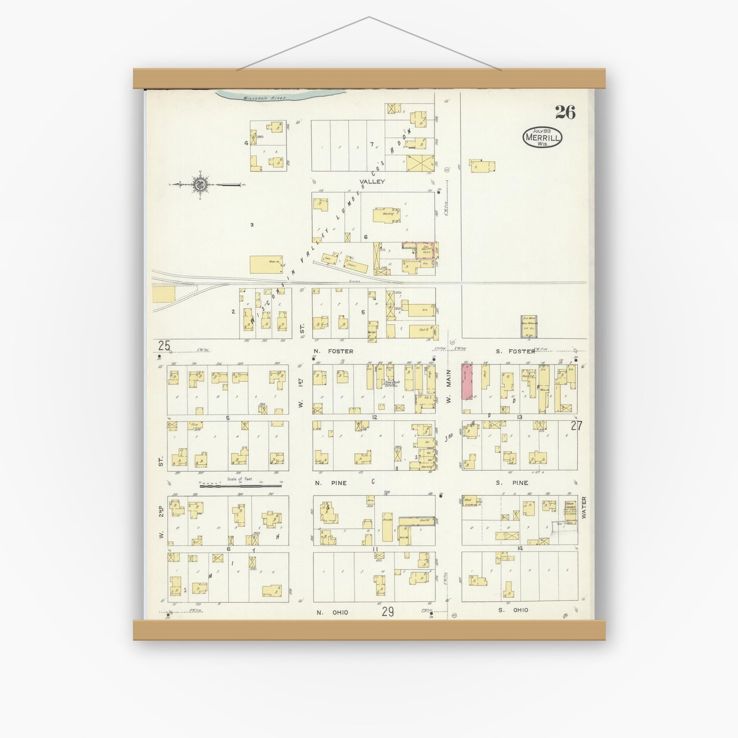 Old map wall art mockup — magnetic wood frame on white wall — Sanborn Fire Insurance Map from Merrill, Lincoln County, Wisconsin (1913), Sheet #0026