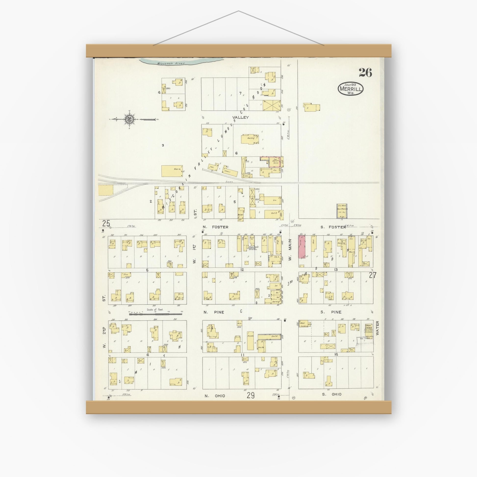 Old map wall art mockup — magnetic wood frame on white wall — Sanborn Fire Insurance Map from Merrill, Lincoln County, Wisconsin (1913), Sheet #0026