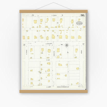 Old map wall art mockup — magnetic wood frame on white wall — Sanborn Fire Insurance Map from Sherman, Grayson County, Texas (1908), Sheet #0030