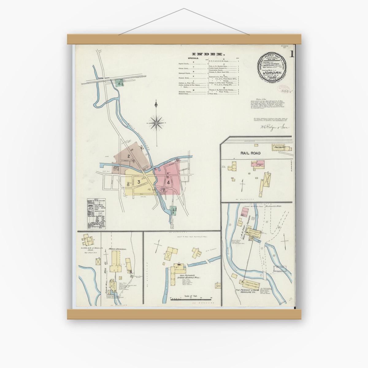 Old map wall art mockup — magnetic wood frame on white wall — Sanborn Fire Insurance Map from Jordan, Onondaga County, New York (1890) - Complete Map Set